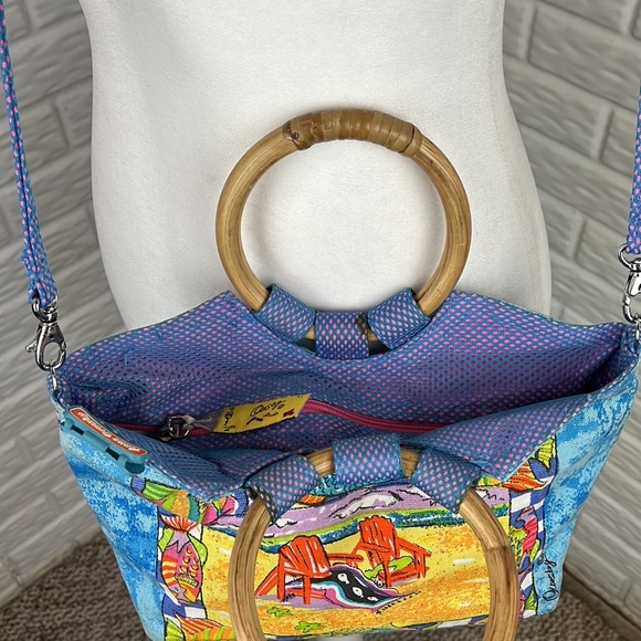 Vintage Anne Ormsby Surviving Stress Bamboo Handle Canvas Beach Purse - Picture 5 of 15